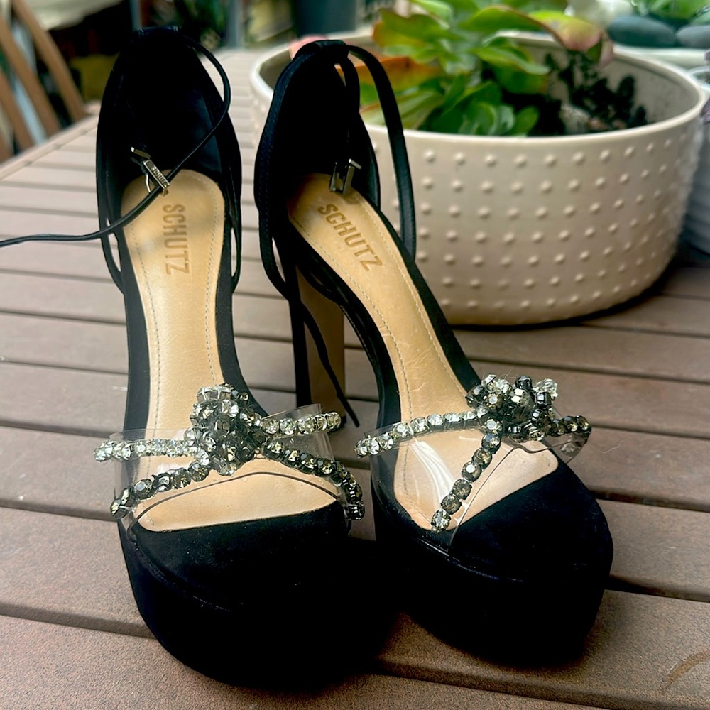 SCHUTZ Jayda Crystal Embellished Knotted Strap High Heel Platform Sandals